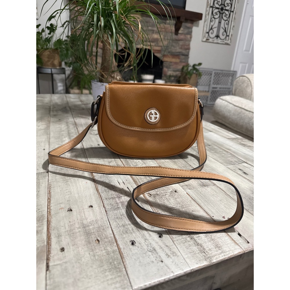 Giani Bernini Cognac Saffiano Faux Leather Crossbody Saddle Bag Brown SilverLogo